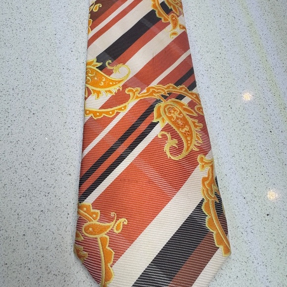 Henri Picard Vintage Classic Orange and Gold Diagonal Striped Paisley XL Tie - Picture 7 of 9